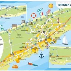Mapa Krynicy Morskiej pokazuje plaże, porty, atrakcje i drogi. Gdzie jest Krynica Morska? Na mapie zaznaczono ją jako główny punkt.