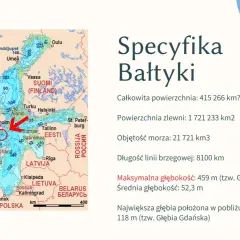 Mapa przedstawia zatoki bałtyku z zaznaczonymi głębokościami i nazwami państw.