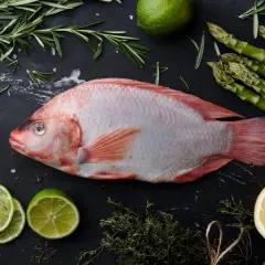 Cała ryba tilapia, świeże szparagi, cytryny, limonki, rozmaryn i sól morska na czarnym tle. Tilapia co to za ryba?