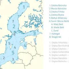 Mapa pokazuje, gdzie jest morze bałtyckie, z podziałem na zatoki i morza, np. Zatoka Botnicka (1) i Bałtyk Właściwy (5).