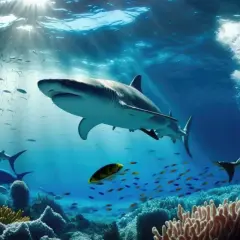 Rekin płynie w głębinach oceanu, otoczony ławicami ryb i koralowcami. To pokazuje, czym się różni morze od oceanu – ogromem i dzikością.