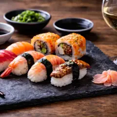 Pyszne sushi z łososiem, krewetką i węgorzem, podane z imbirem, sosem sojowym i kieliszkiem białego wina. Idealne na wieczór.