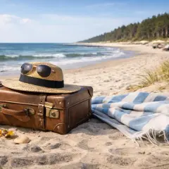 Walizka, kapelusz i okulary na plaży nad Bałtykiem. Informacje o wakacjach nad morzem.