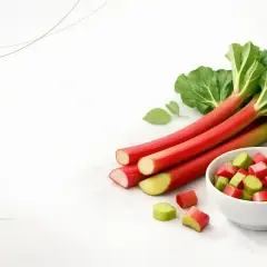 Świeży rabarbar w miseczce i obok, pokrojony w kostkę. Czy rabarbar jest zdrowy? Tak, to pyszny i wartościowy dodatek do diety.