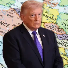 Donald Trump na tle mapy Europy z zaznaczonymi Niemcami i Polską.
