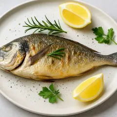 Dorada, co to za ryba? Złocista, pieczona dorada na talerzu z cytryną i rozmarynem.