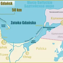 Mapa Zatoki Gdańskiej i okolic. Widać tu rzekę Wisłę, która wpływa do Bałtyku, a także Zalew Wiślany.