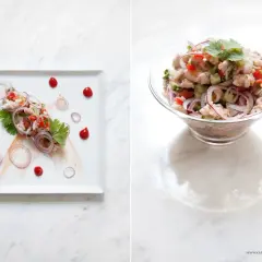 Pyszne ceviche z ryby, pomidorów, ogórka i czerwonej cebuli, podane na talerzu i w misce.