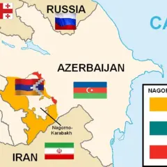 Mapa Kaukazu z zaznaczonym konfliktem o Karabach. Pokazuje granice Armenii, Azerbejdżanu, Gruzji, Rosji, Turcji i Iranu.