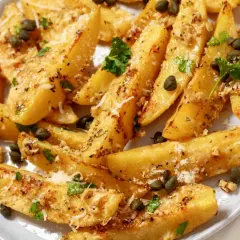 Ziemniaki po grecku, pieczone ćwiartki ziemniaków z ziołami, kaparami i parmezanem, wyglądają apetycznie.