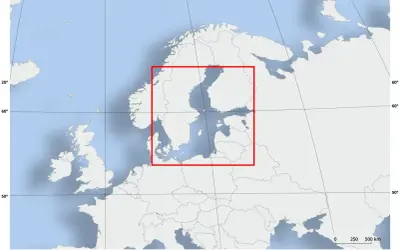 Mapa Europy Północnej z zaznaczonym obszarem Morza Bałtyckiego. Pokazuje, czy Norwegia ma dostęp do Morza Bałtyckiego.