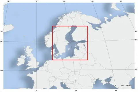 Mapa Europy Północnej z zaznaczonym obszarem Morza Bałtyckiego. Pokazuje, czy Norwegia ma dostęp do Morza Bałtyckiego.