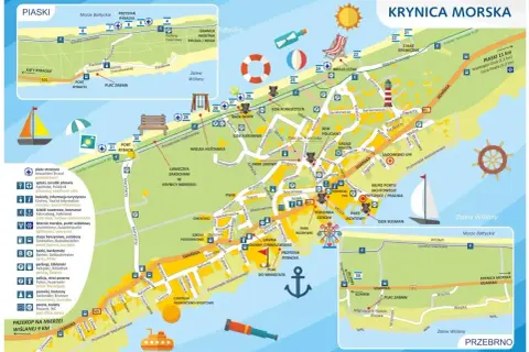 Mapa Krynicy Morskiej pokazuje plaże, porty, atrakcje i drogi. Gdzie jest Krynica Morska? Na mapie zaznaczono ją jako główny punkt.