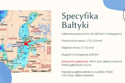 Mapa przedstawia zatoki bałtyku z zaznaczonymi głębokościami i nazwami państw.