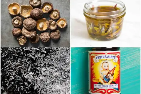Suszone grzyby, anchois w zalewie, kryształki glutaminianu sodu i sos rybny – składniki budujące głębię smaku umami.