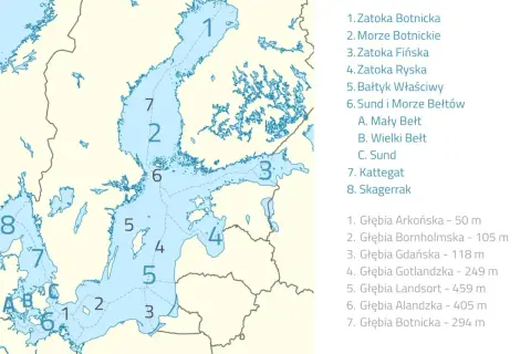 Mapa pokazuje, gdzie jest morze bałtyckie, z podziałem na zatoki i morza, np. Zatoka Botnicka (1) i Bałtyk Właściwy (5).