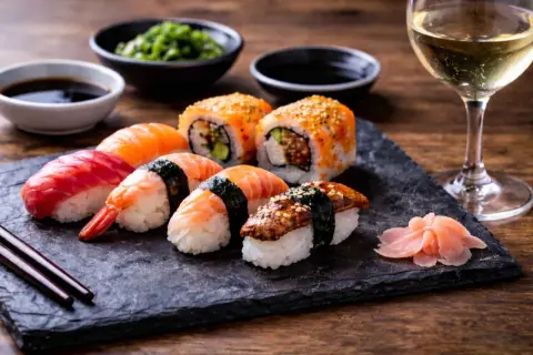 Pyszne sushi z łososiem, krewetką i węgorzem, podane z imbirem, sosem sojowym i kieliszkiem białego wina. Idealne na wieczór.