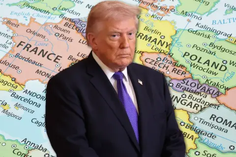 Donald Trump na tle mapy Europy z zaznaczonymi Niemcami i Polską.