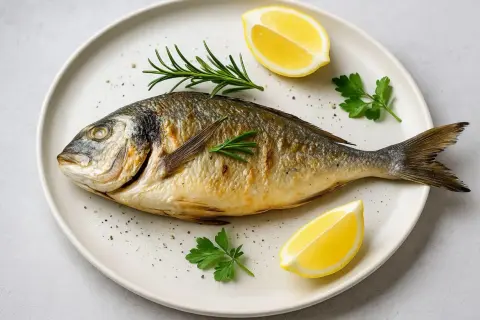Dorada, co to za ryba? Złocista, pieczona dorada na talerzu z cytryną i rozmarynem.