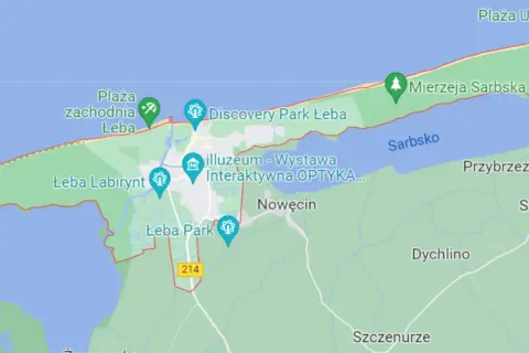 Mapa pokazuje atrakcje w Łebie: plaże, parki, labirynt i muzeum. Gdzie jest Łeba? Tutaj!