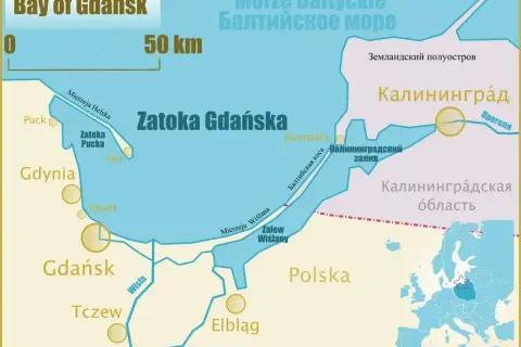 Mapa Zatoki Gdańskiej i okolic. Widać tu rzekę Wisłę, która wpływa do Bałtyku, a także Zalew Wiślany.
