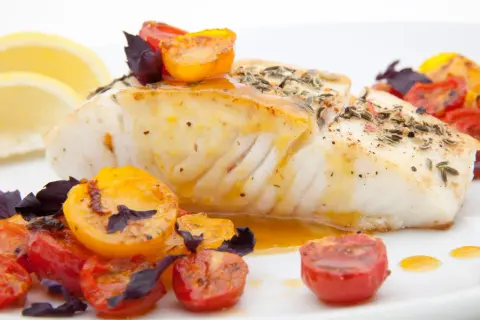 Pyszny halibut ryba pieczony z pomidorkami koktajlowymi i cytryną, polany sosem.