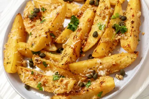 Ziemniaki po grecku, pieczone ćwiartki ziemniaków z ziołami, kaparami i parmezanem, wyglądają apetycznie.