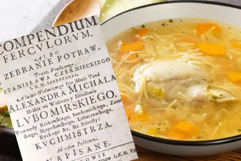 Najstarszy przepis na rosół z "Compendium Ferculorum" obok miski parującego, domowego rosołu z kurczakiem i warzywami.