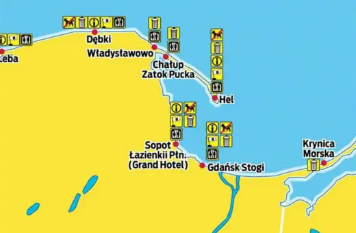 Mapa polskich miejscowości nad morzem: Łeba, Dębki, Władysławowo, Chałupy, Hel, Sopot, Gdańsk Stogi, Krynica Morska. Znaki informują o zasadach na plażach.