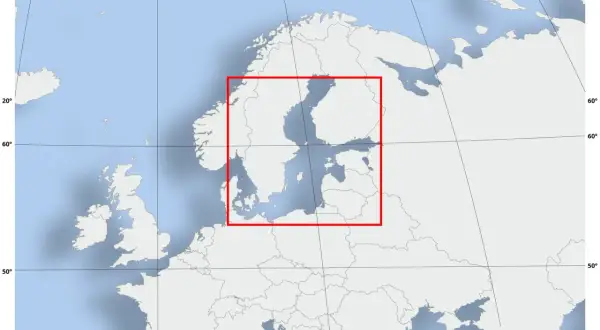 Mapa Europy Północnej z zaznaczonym obszarem Morza Bałtyckiego. Pokazuje, czy Norwegia ma dostęp do Morza Bałtyckiego.