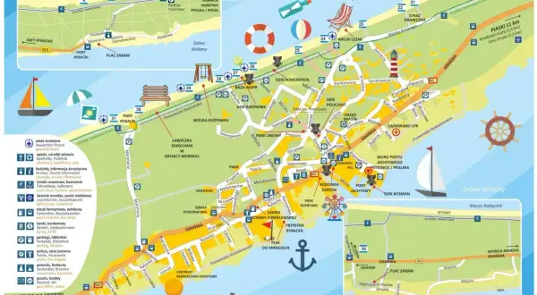 Mapa Krynicy Morskiej pokazuje plaże, porty, atrakcje i drogi. Gdzie jest Krynica Morska? Na mapie zaznaczono ją jako główny punkt.