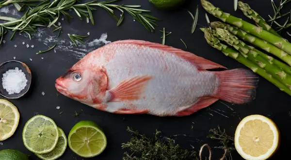 Cała ryba tilapia, świeże szparagi, cytryny, limonki, rozmaryn i sól morska na czarnym tle. Tilapia co to za ryba?