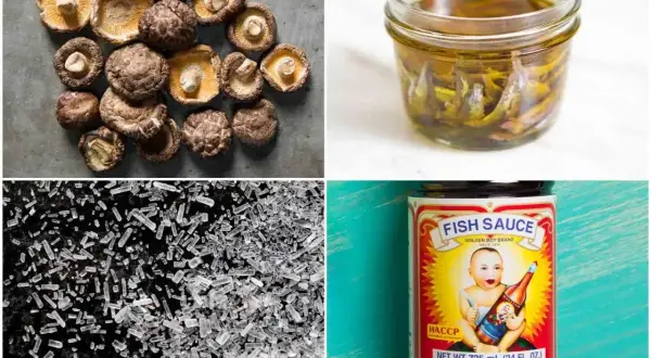 Suszone grzyby, anchois w zalewie, kryształki glutaminianu sodu i sos rybny – składniki budujące głębię smaku umami.