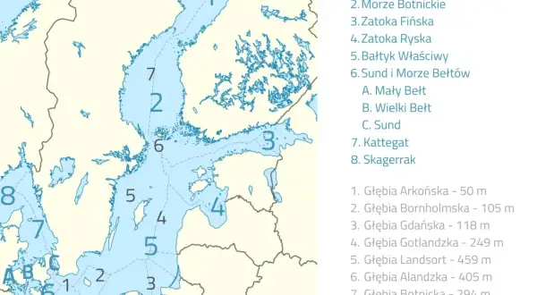 Mapa pokazuje, gdzie jest morze bałtyckie, z podziałem na zatoki i morza, np. Zatoka Botnicka (1) i Bałtyk Właściwy (5).