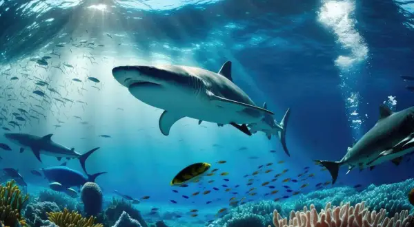 Rekin płynie w głębinach oceanu, otoczony ławicami ryb i koralowcami. To pokazuje, czym się różni morze od oceanu – ogromem i dzikością.