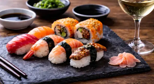 Pyszne sushi z łososiem, krewetką i węgorzem, podane z imbirem, sosem sojowym i kieliszkiem białego wina. Idealne na wieczór.