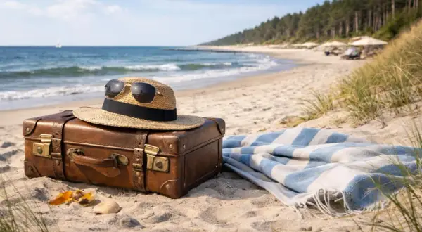 Walizka, kapelusz i okulary na plaży nad Bałtykiem. Informacje o wakacjach nad morzem.