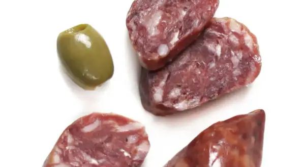 Kawałki salsiccia, czyli włoskiej kiełbasy, i zielona oliwka.