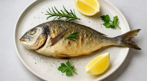 Dorada, co to za ryba? Złocista, pieczona dorada na talerzu z cytryną i rozmarynem.
