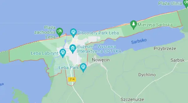 Mapa pokazuje atrakcje w Łebie: plaże, parki, labirynt i muzeum. Gdzie jest Łeba? Tutaj!