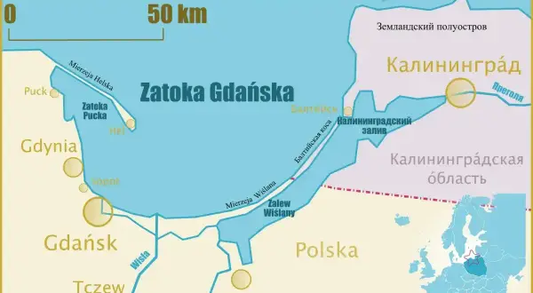 Mapa Zatoki Gdańskiej i okolic. Widać tu rzekę Wisłę, która wpływa do Bałtyku, a także Zalew Wiślany.