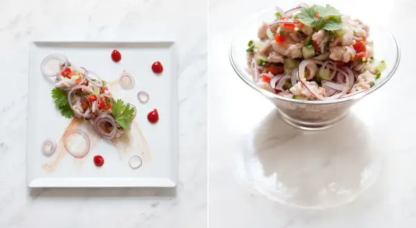 Pyszne ceviche z ryby, pomidorów, ogórka i czerwonej cebuli, podane na talerzu i w misce.