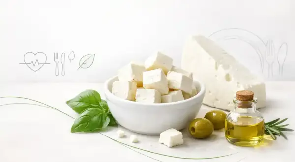 Czy ser feta jest zdrowy? Kostki sera feta w misce, oliwki, oliwa z oliwek i bazylia sugerują zdrową, śródziemnomorską dietę.