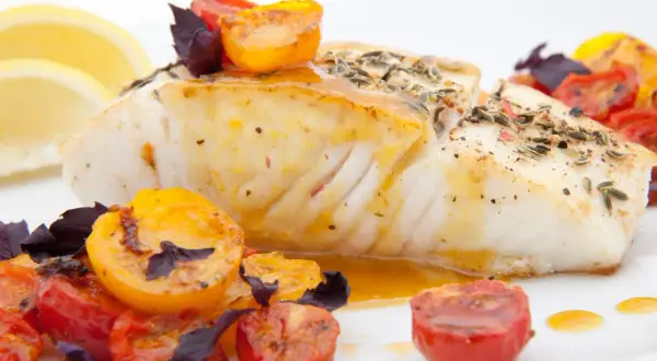 Pyszny halibut ryba pieczony z pomidorkami koktajlowymi i cytryną, polany sosem.