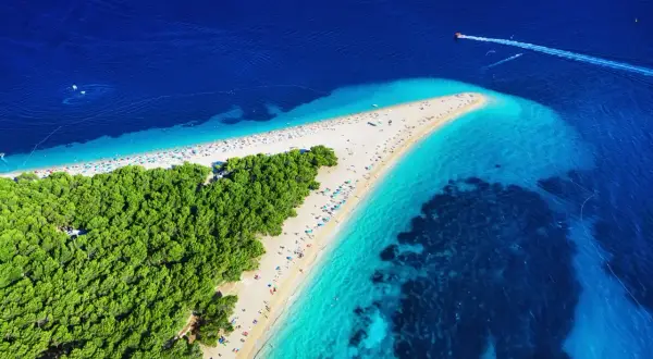 Widok z lotu ptaka na plażę w Chorwacji, gdzie turkusowe morze spotyka się z zielonym lasem sosnowym. Idealne miejsce na wakacje.