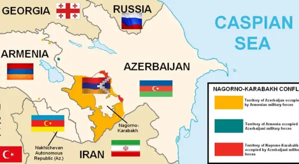 Mapa Kaukazu z zaznaczonym konfliktem o Karabach. Pokazuje granice Armenii, Azerbejdżanu, Gruzji, Rosji, Turcji i Iranu.