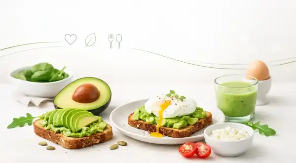 Pyszne awokado na śniadanie: tosty z awokado i jajkiem w koszulce, smoothie, świeży szpinak i ser feta. Idealny start dnia!