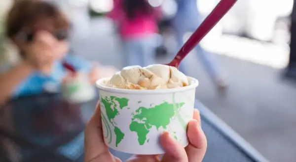 Kubek z lodami na tle rozmazanego dziecka. Czy można jeść rozmrożone lody? Tak, jeśli zostały ponownie zamrożone.