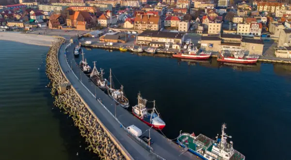 Port w Helu poza sezonem. Spokojne wody, zacumowane kutry i statki, a w tle miasto i las.