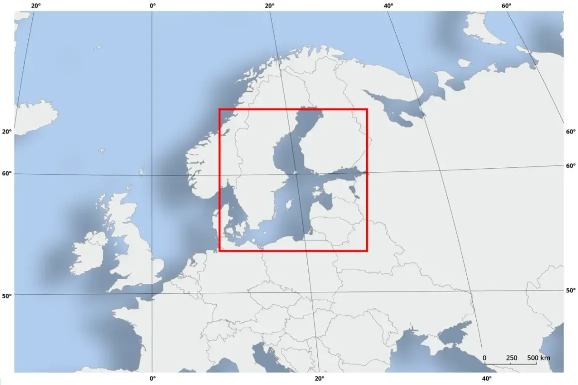 Mapa Europy Północnej z zaznaczonym obszarem Morza Bałtyckiego. Pokazuje, czy Norwegia ma dostęp do Morza Bałtyckiego.